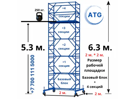 Вышка-тура · 6,3 м (2×2) — база + 4 секции · площадка 2×2 м · до 6,3 м